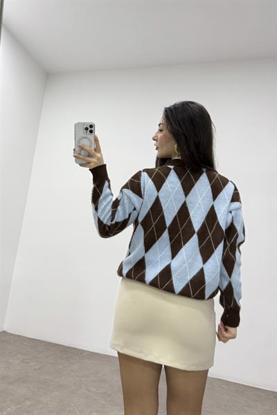 Baklava Desenli Mavi Kahve Düğmeli Hırka