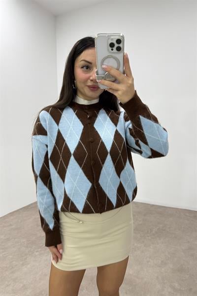 Baklava Desenli Mavi Kahve Düğmeli Hırka