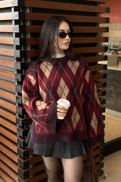 Baklava Desenli Yırtmaçlı Yün Krem/Bordo Premium Kazak