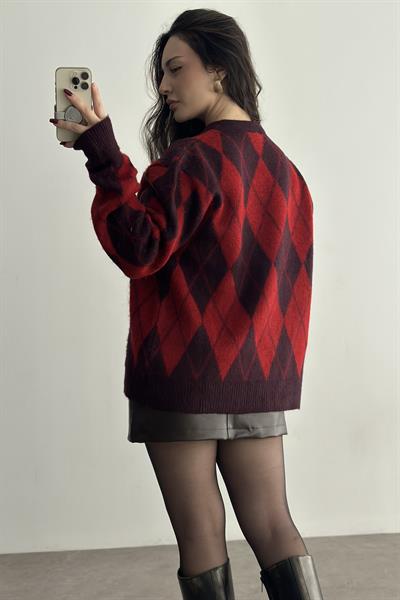 Baklava Desenli Yün Mor/Kırmızı Premium Kazak