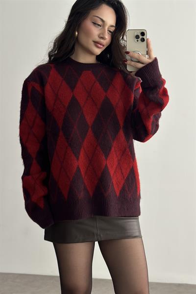 Baklava Desenli Yün Mor/Kırmızı Premium Kazak