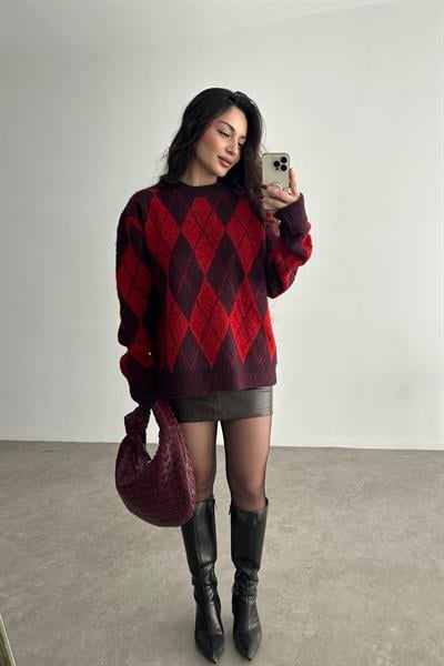 Baklava Desenli Yün Mor/Kırmızı Premium Kazak