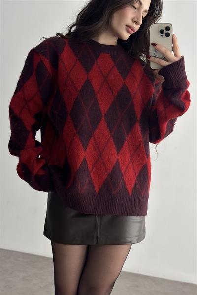 Baklava Desenli Yün Mor/Kırmızı Premium Kazak