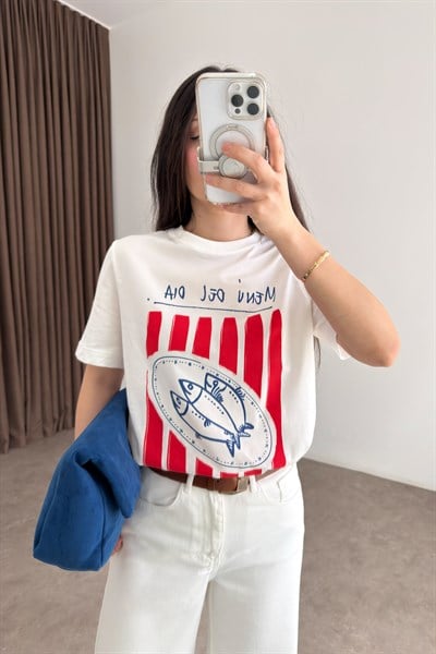 Hm Balık Baskılı Beyaz Tişört