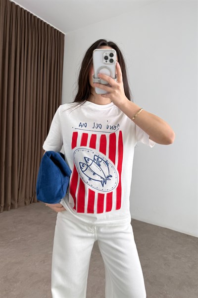 Hm Balık Baskılı Beyaz Tişört