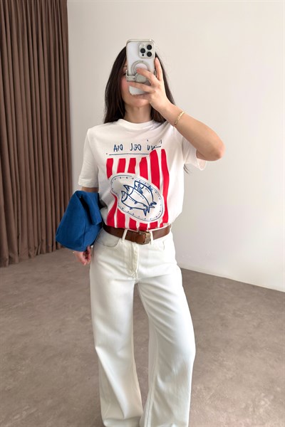 Hm Balık Baskılı Beyaz Tişört