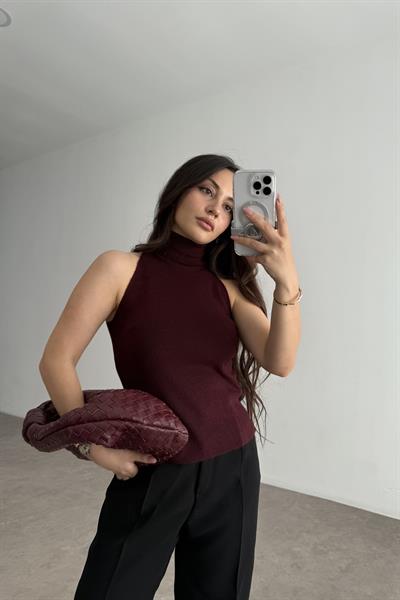 Balıkçı Yaka Sıfır Kollu Triko Bordo Bluz