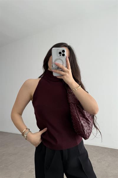 Balıkçı Yaka Sıfır Kollu Triko Bordo Bluz
