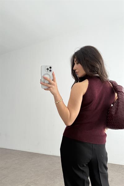 Balıkçı Yaka Sıfır Kollu Triko Bordo Bluz