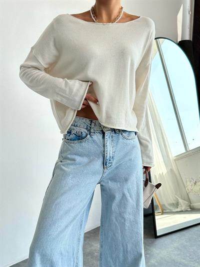 Basic Ekru Düz Yaka Triko