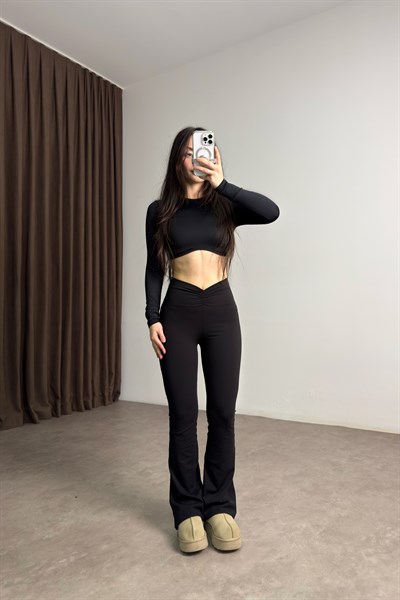 Beli Büzgülü Siyah Flare Tayt