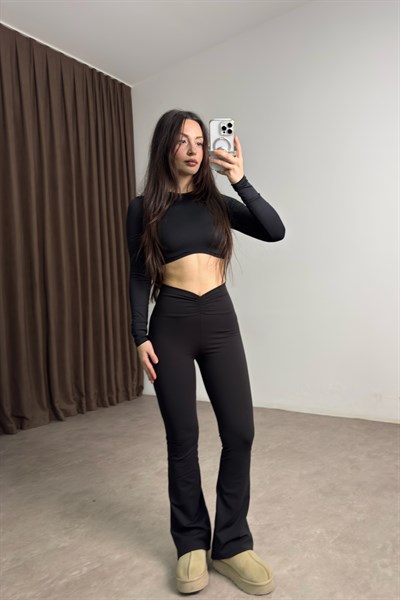 Beli Büzgülü Siyah Flare Tayt