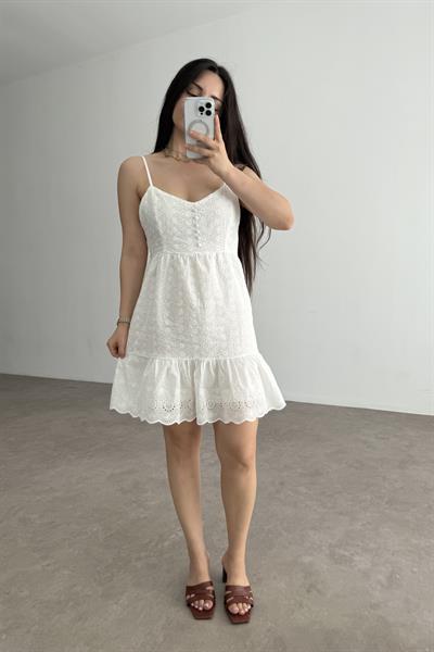 Beyaz Fisto Pamuk Dokuma Beyaz Elbise