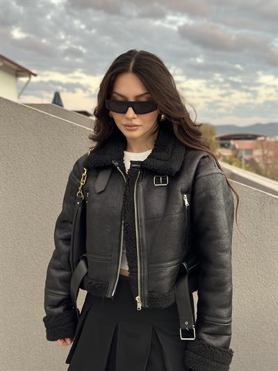 Biker Siyah Kürklü Kemerli Mont