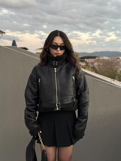 Biker Siyah Kürklü Kemerli Mont