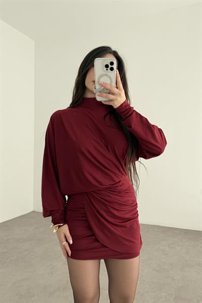 Bordo Asimetrik Drapeli Uzun Kollu Elbise