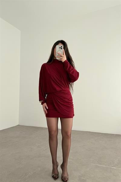 Bordo Asimetrik Drapeli Uzun Kollu Elbise