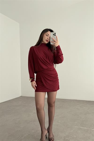 Bordo Asimetrik Drapeli Uzun Kollu Elbise