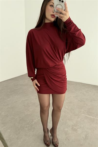 Bordo Asimetrik Drapeli Uzun Kollu Elbise