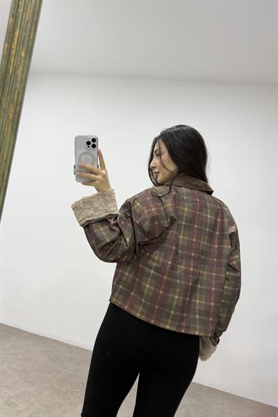 Bordo Ekoseli İçi Polar Kürklü Su Geçirmez Mont