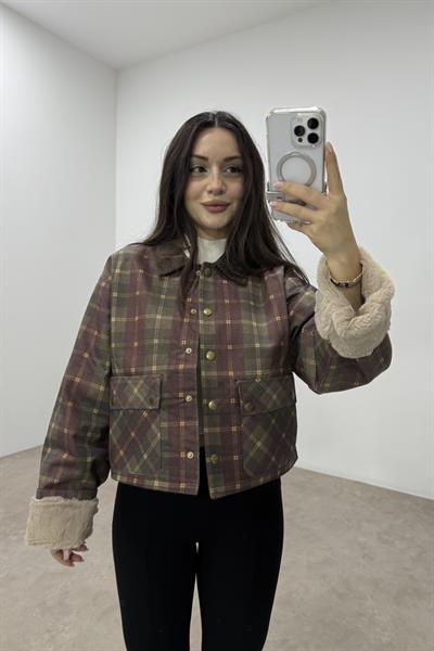 Bordo Ekoseli İçi Polar Kürklü Su Geçirmez Mont