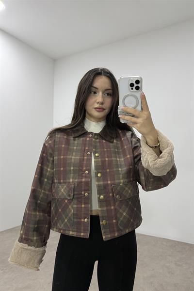 Bordo Ekoseli İçi Polar Kürklü Su Geçirmez Mont