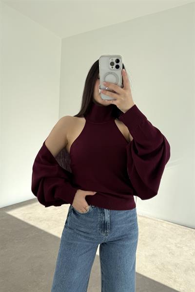 Bordo Halter Kesim Bluzlu Bolerolu Takım Üst