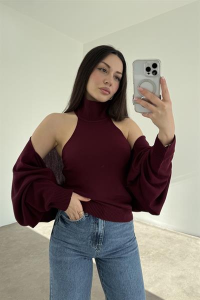 Bordo Halter Kesim Bluzlu Bolerolu Takım Üst