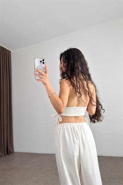 Boyundan Bağlamalı Müslin Ekru Crop Büstiyer