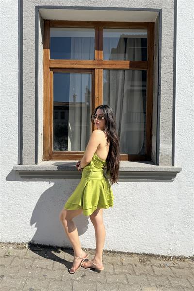 Boyundan Bağlamalı Yağ Yeşili Elbise 