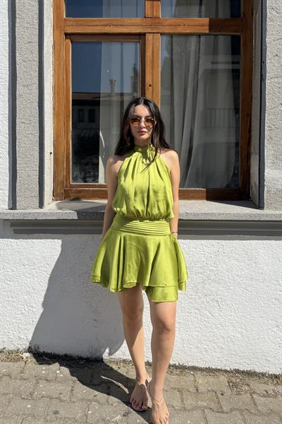 Boyundan Bağlamalı Yağ Yeşili Elbise 