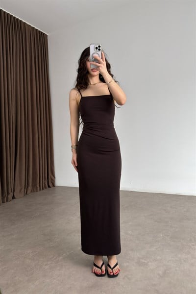 Brshk Orijinal Yırtmaçlı Drapeli Kahve Askılı Midi Elbise