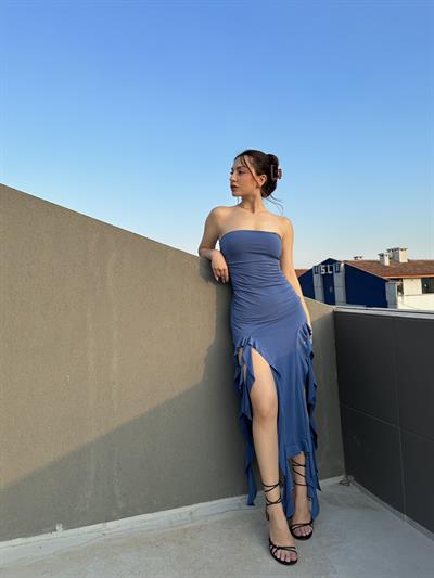 Brshka Model Fırfırlı Straplez Indıgo Elbise