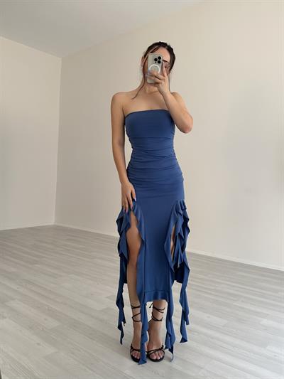 Brshka Model Fırfırlı Straplez Indıgo Elbise