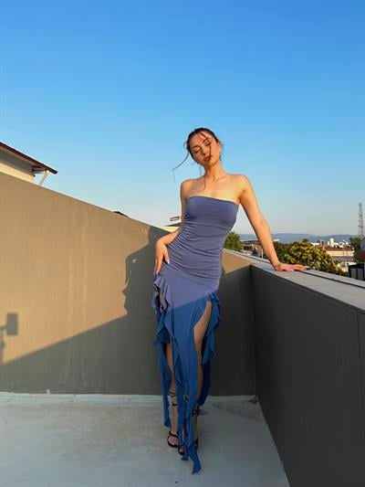 Brshka Model Fırfırlı Straplez Indıgo Elbise