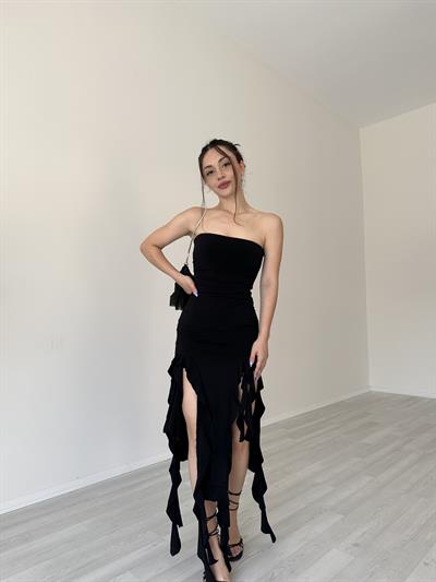 Brshka Model Fırfırlı Straplez Elbise Siyah