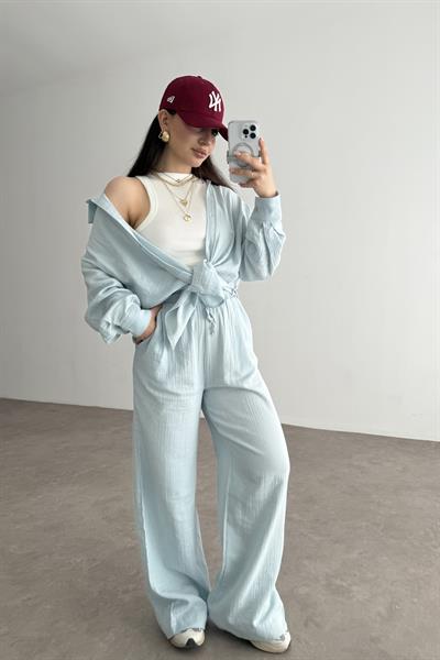 Bymn Clup Müslin Kumaş Gömlek Takım Bebek Mavi