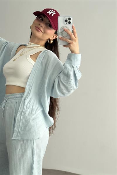 Bymn Clup Müslin Kumaş Gömlek Takım Bebek Mavi