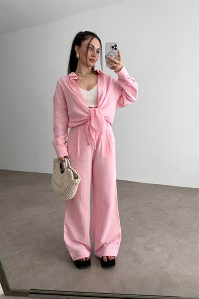 Bymn Clup Müslin Kumaş Gömlek Takım Pink