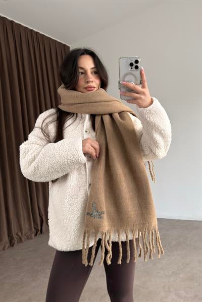 Bymn Taşlı Logolu Kahve Atkı