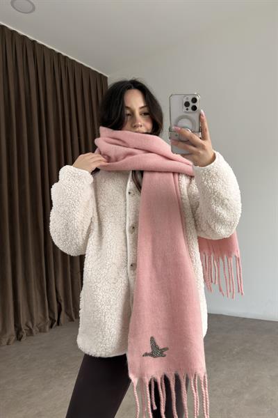 Bymn Taşlı Logolu Pembe Atkı