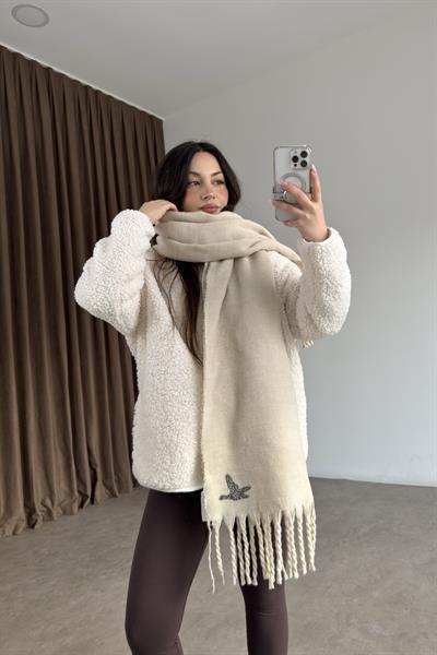 Bymn Taşlı Loogolu Ekru Atkı