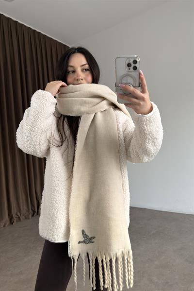 Bymn Taşlı Loogolu Ekru Atkı