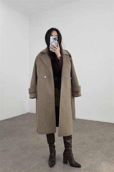 Bymn Yün Kahve Kruvaze Kuşaklı Kaban