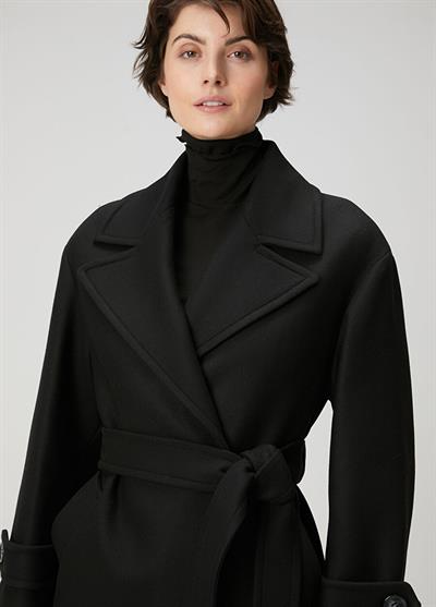 Bymn Yün Siyah Kruvaze Kuşaklı Kaban