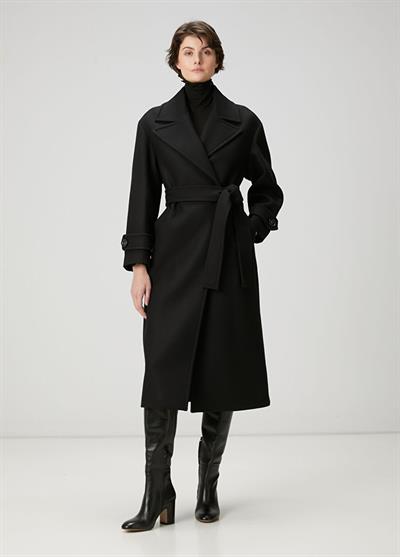 Bymn Yün Siyah Kruvaze Kuşaklı Kaban