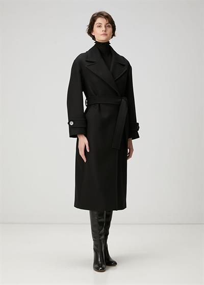 Bymn Yün Siyah Kruvaze Kuşaklı Kaban