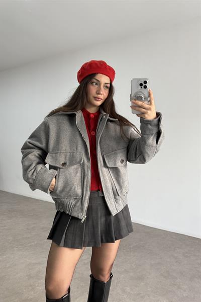 Cep Detaylı Bomber Kaşe Kürklü Gri Kaban