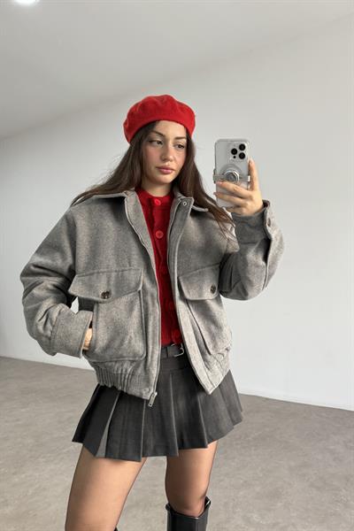 Cep Detaylı Bomber Kaşe Kürklü Gri Kaban