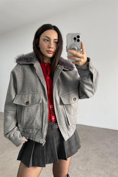 Cep Detaylı Bomber Kaşe Kürklü Gri Kaban